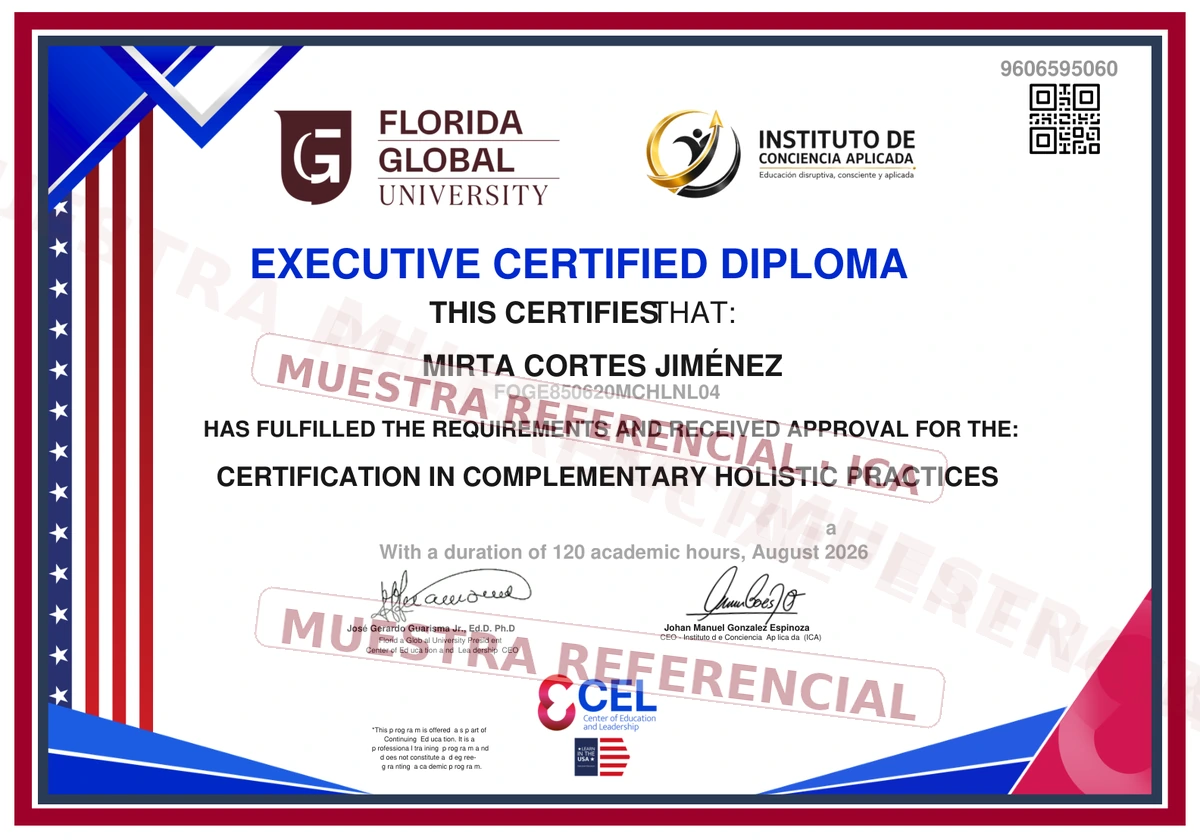 Muestra referencial protegida del certificado de Certificación ICA como Terapeuta Holístico Integrativo